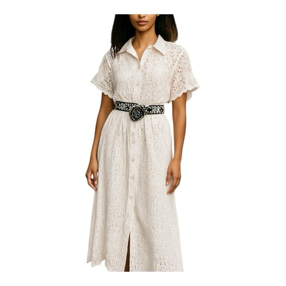 DX Collection Eyelet V-Neck Pullover Dress Size Large Made In Italy White Latte - Picture 1 of 13